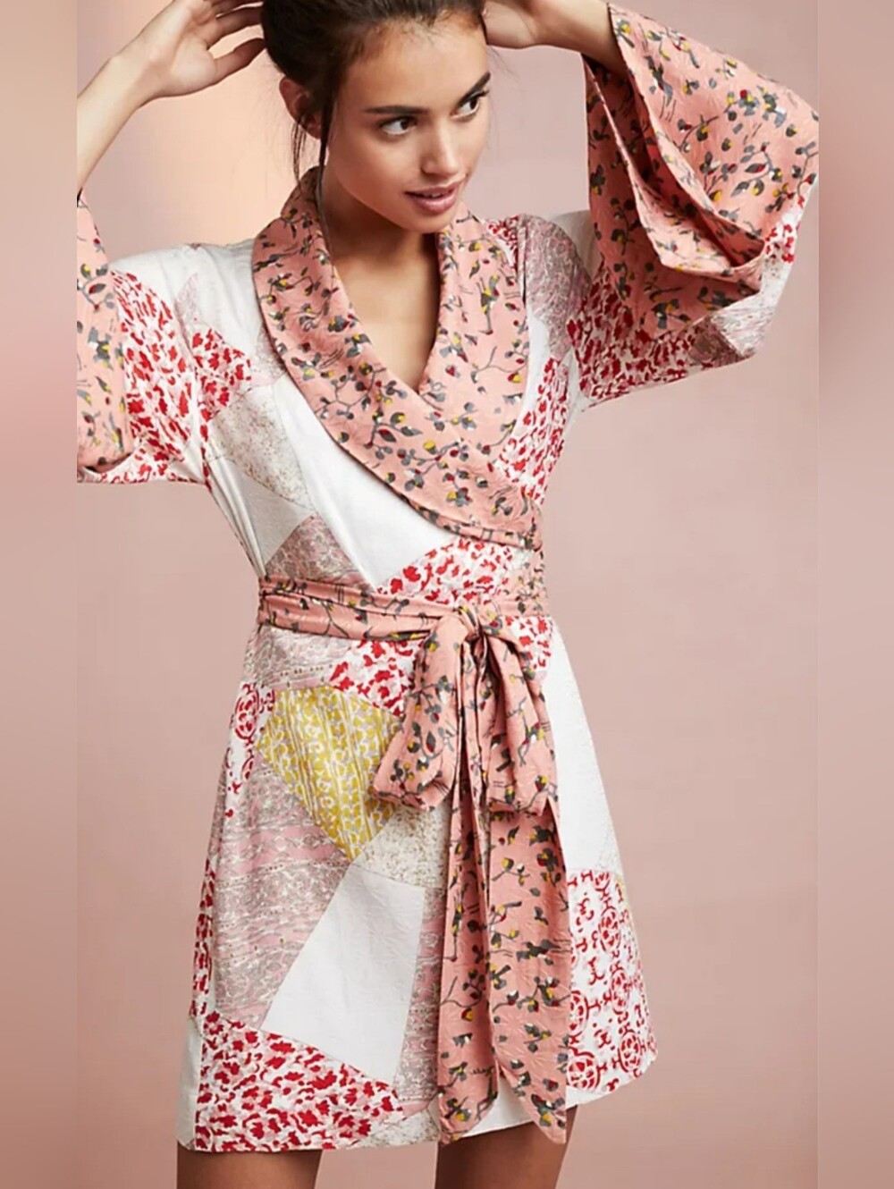 Anthropologie Pink Floral Patchwork Wrap Robe Sz XS / S